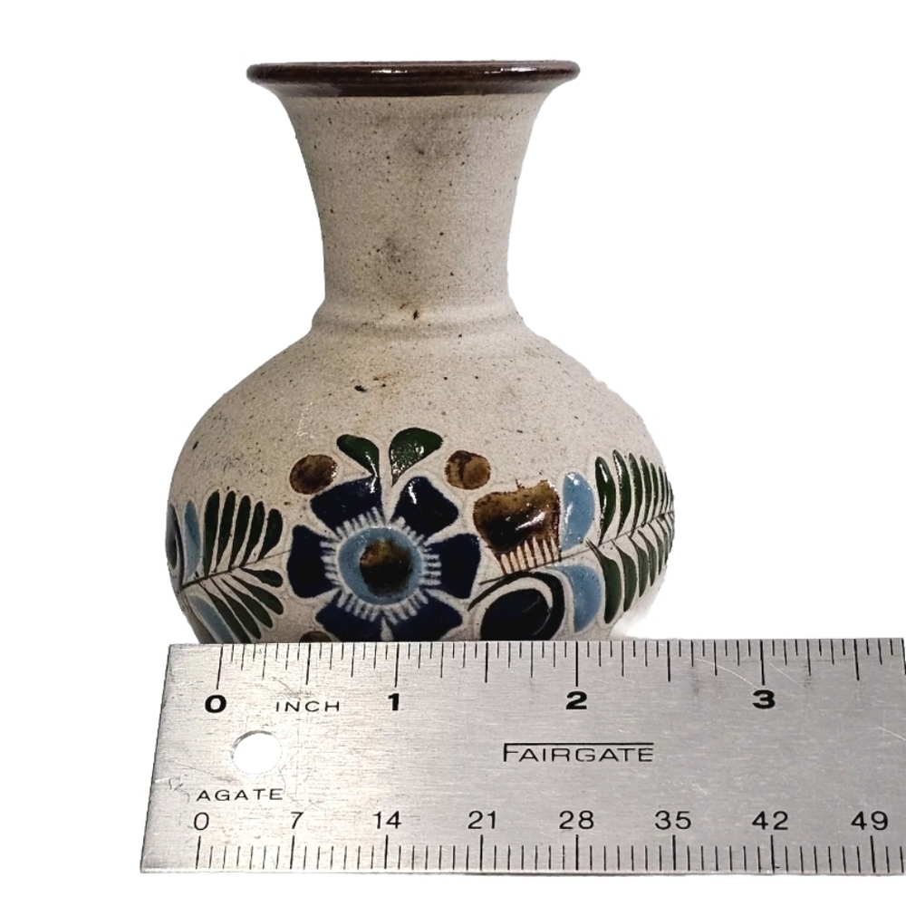 Collectible Mexican Tonala Brown Hand Painted Pottery Vase Floral Design - Picture 5 of 8